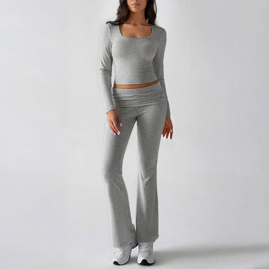 Damen nan figurbetontes Cropped-Set mit langärmeligem Top mit quadratischem Ausschnitt und ausgestellter High‑Waist Yoga-Hose Shop Nory