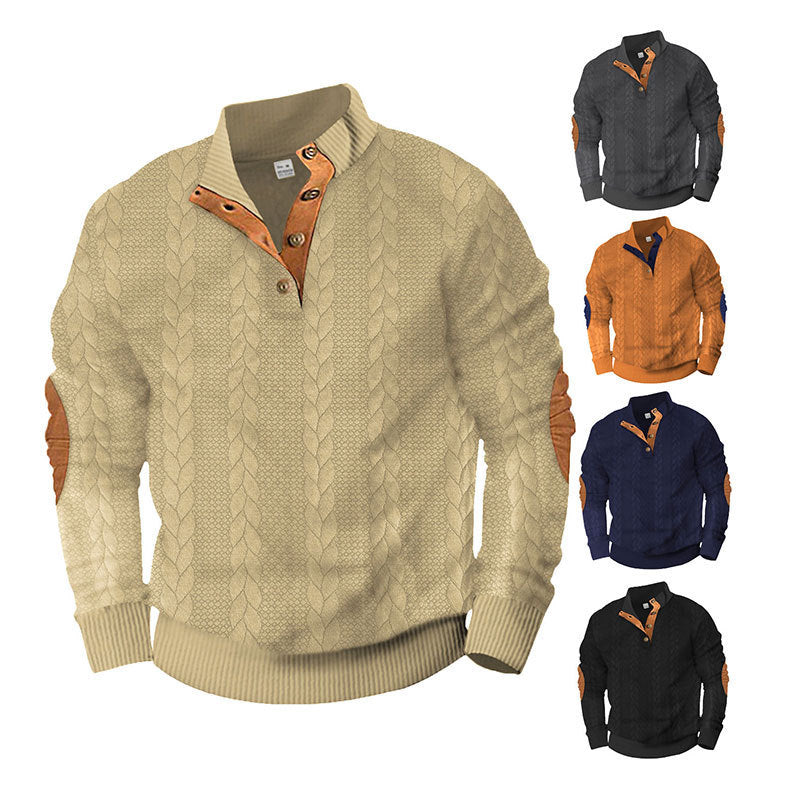 Herren Kabelstrick-Pullover mit Stehkragen, Knopfleiste & Ellbogenpatches Shop Nory