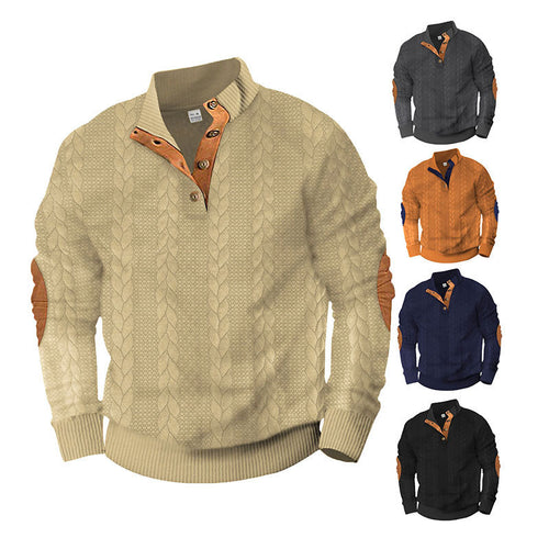 Herren Kabelstrick-Pullover mit Stehkragen, Knopfleiste & Ellbogenpatches Shop Nory