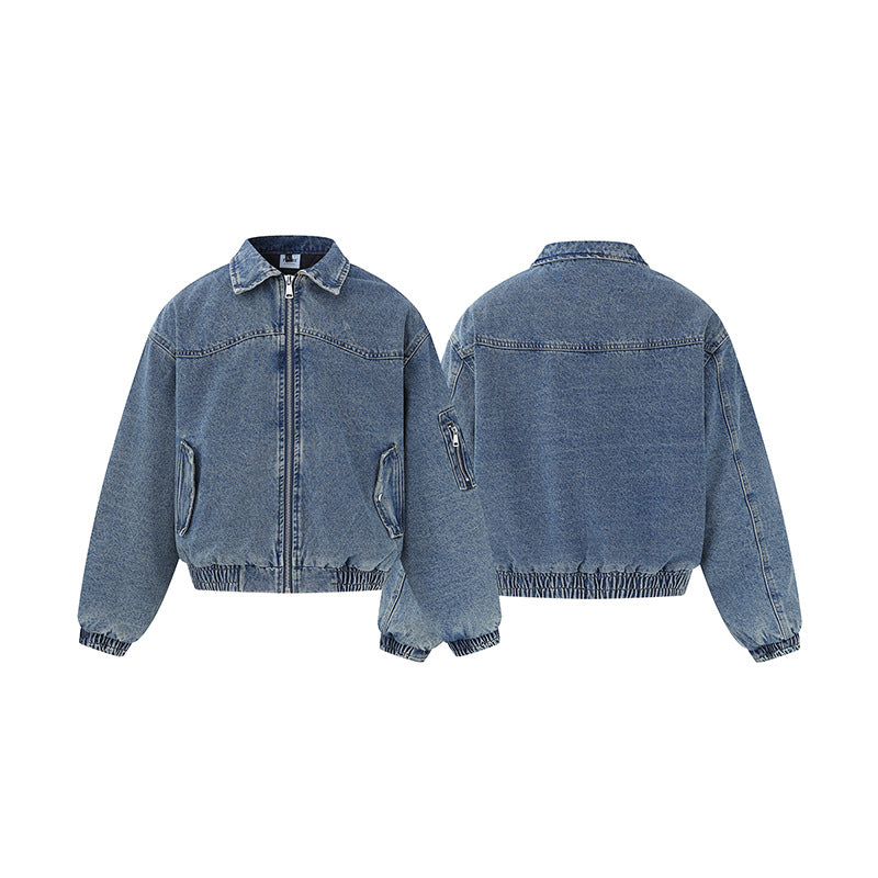 Unisex Boxy Denim‑Blousonjacke mit durchgehendem Reißverschluss, elastischem Saum und Ärmelutilitytasche Shop Nory