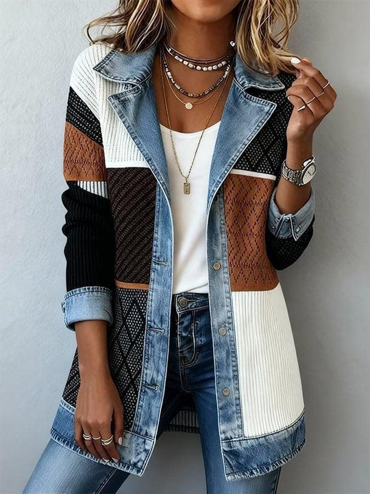 Damen Longline-Strickcardigan mit Jeanskragen und Saumbesatz Shop Nory