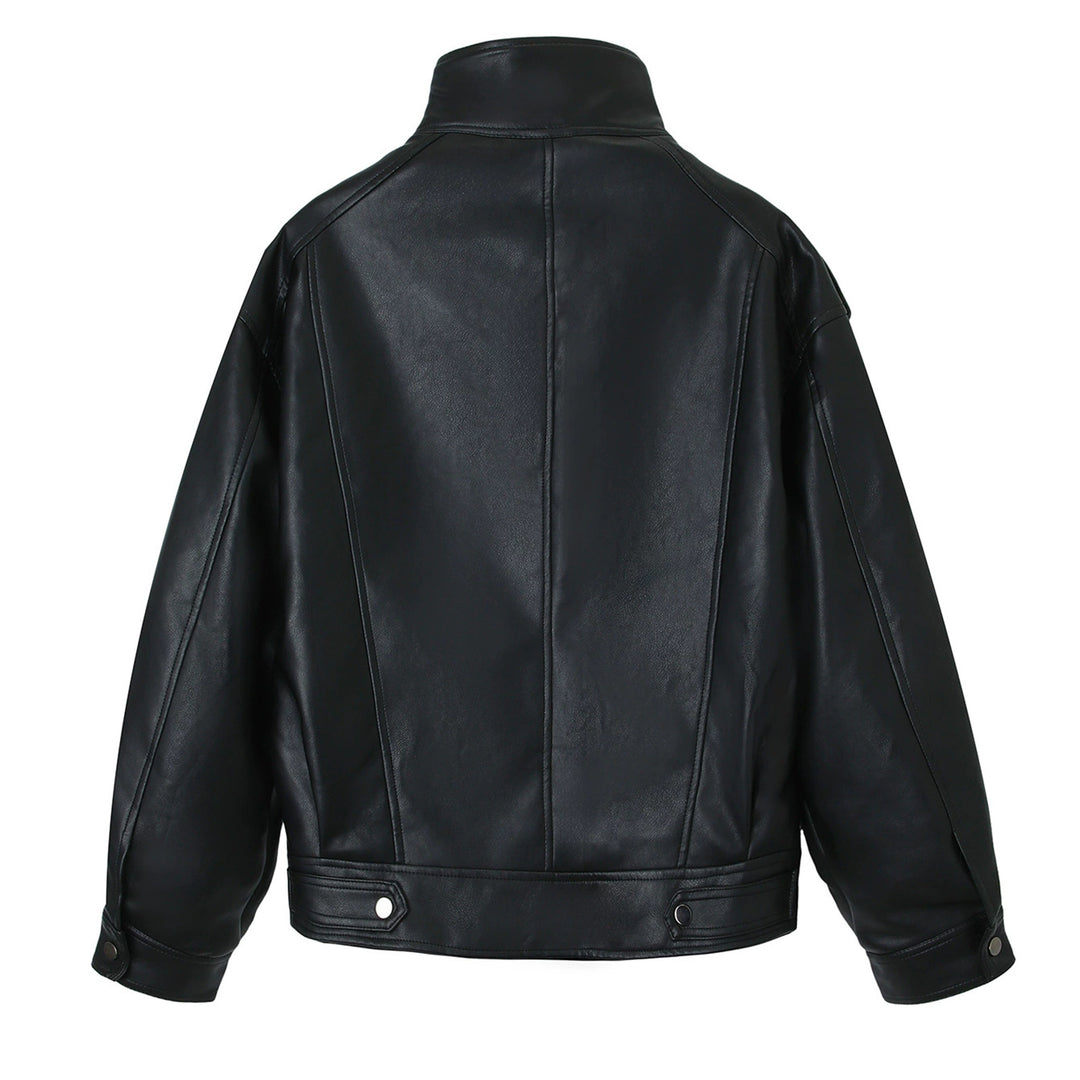 Damen Oversized-Lederjacke mit hohem Stehkragen und Schulterpatten Shop Nory
