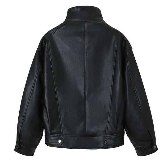 Damen Oversized-Lederjacke mit hohem Stehkragen und Schulterpatten Shop Nory