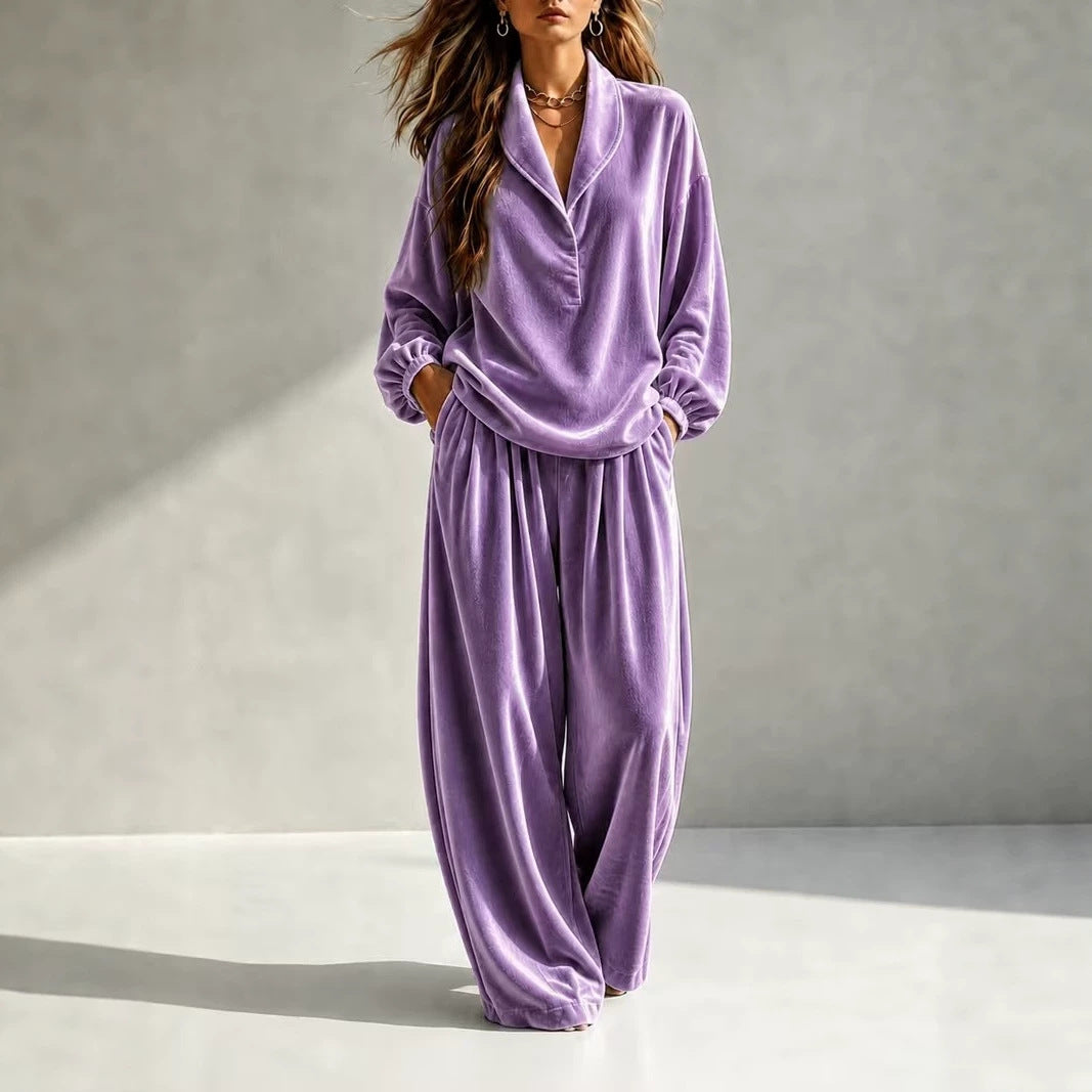 Damen Luxuriöses Velours-Loungewear-Set mit Schalkragen und weiter Palazzo-Hose Shop Nory