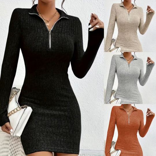 Damen Figurbetontes Rippstrick-Midikleid mit halbem Reißverschlusskragen Shop Nory