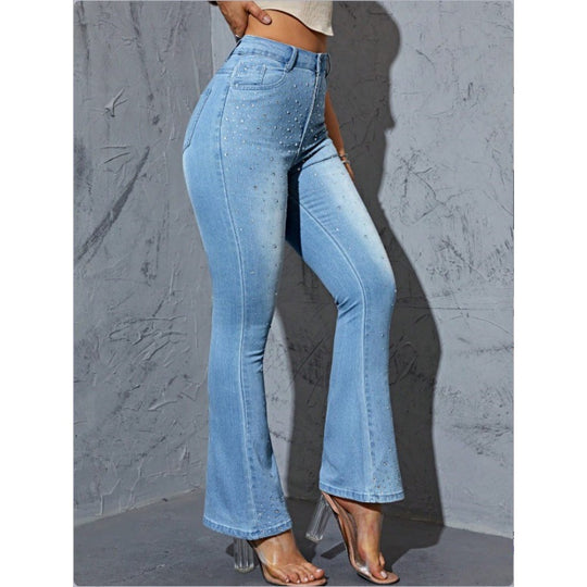 Damen Hochtaillierte Schlagjeans mit Perlenbesatz und sculptendem Stretchbund Shop Nory