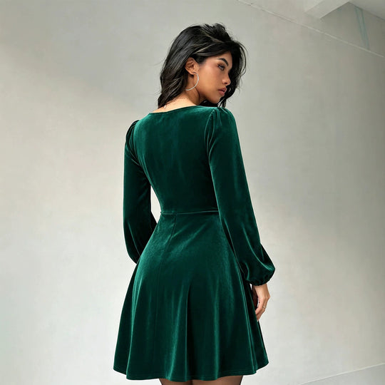 Damen elegantes Samt-Knotenkleid mit V-Ausschnitt, taillierter Empire-Silhouette und Ballonärmeln Shop Nory