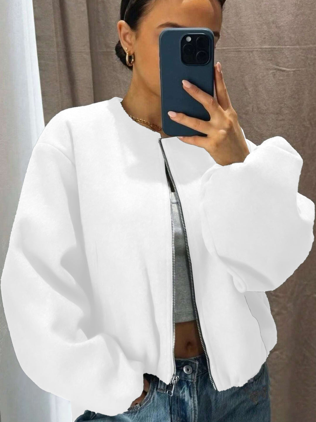 Damen Weitgeschnittene Bomberjacke mit Reißverschluss und Volumenärmeln Shop Nory