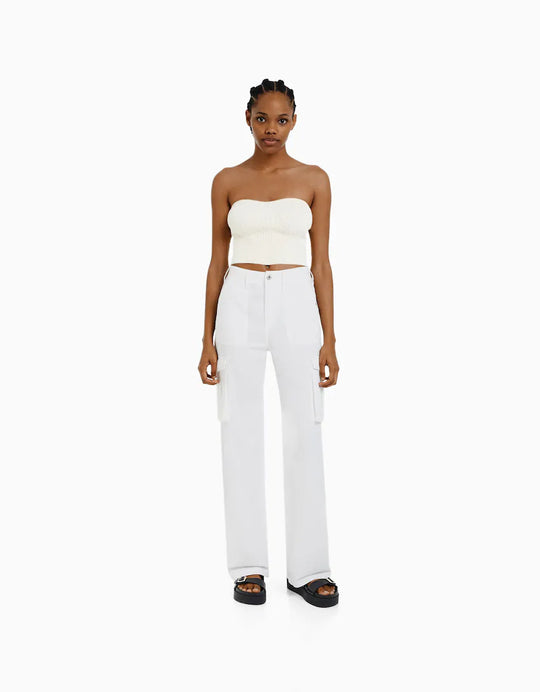 Damen nan weite High-Waist Cargo-Hose mit aufgesetzten Pattentaschen und geradem Bein Shop Nory