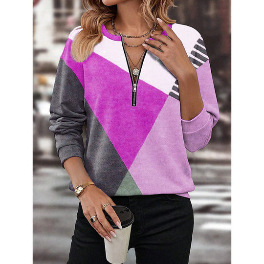 Damen Freizeitsweatshirt mit Halbzipp und geometrischem Farbkombinationsmuster Shop Nory