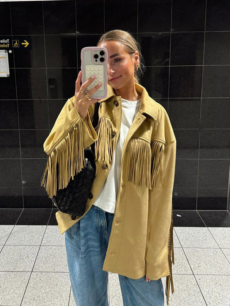 Damen Oversize Fransenjacke im Westernstil aus Veloursleder-Optik mit Hemdkragen Shop Nory