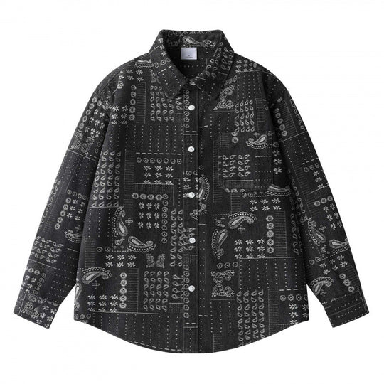 Unisex Kastenförmiges Paisley‑Patchwork Overshirt aus Baumwollmischung mit Hemdkragen und aufgesetzter Brusttasche Shop Nory