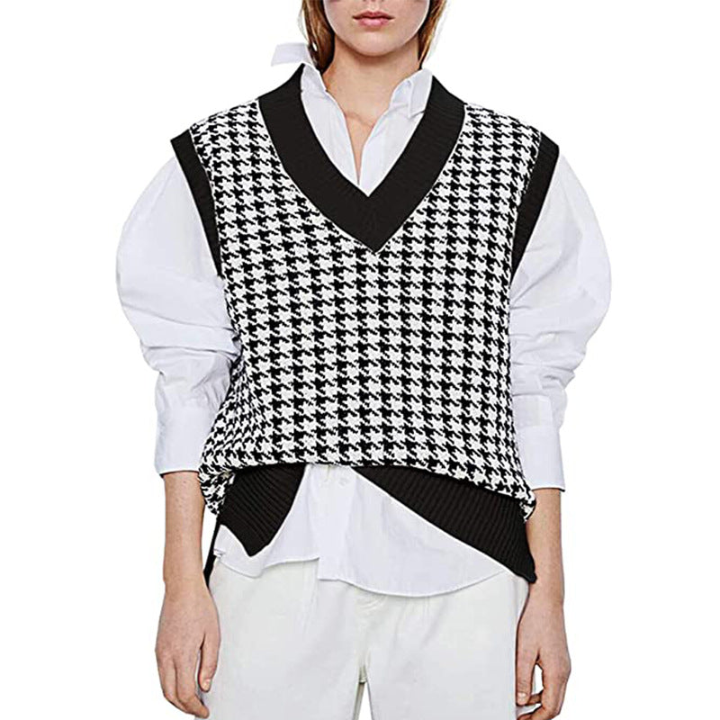 Damen Strickweste mit Hahnentritt-Muster, V-Ausschnitt und geripptem Saum Shop Nory