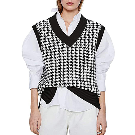 Damen Strickweste mit Hahnentritt-Muster, V-Ausschnitt und geripptem Saum Shop Nory