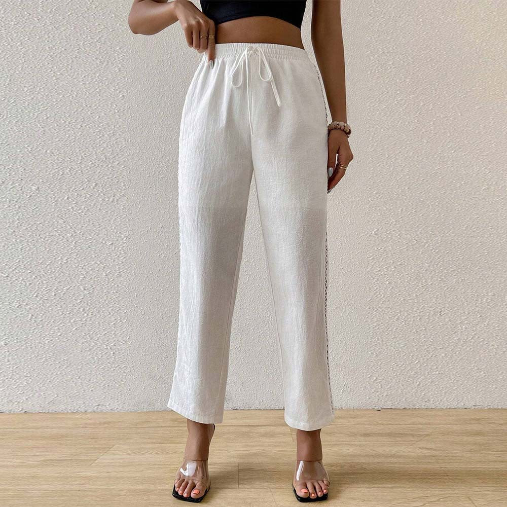 Damen lässige Leinenoptik-Hose mit elastischem Bund, Tunnelzug und seitlicher Spitzeneinsatz Shop Nory