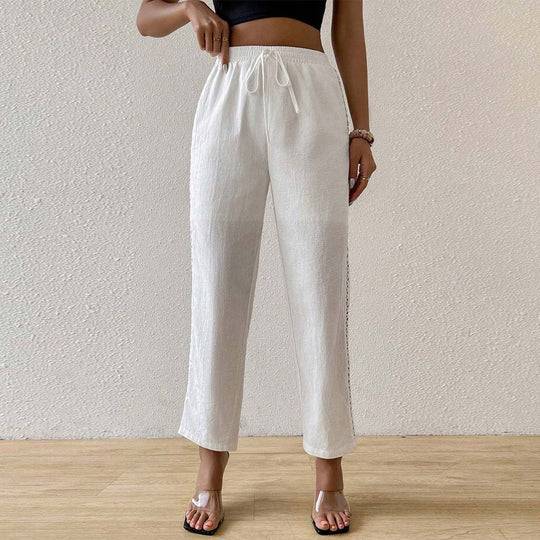 Damen lässige Leinenoptik-Hose mit elastischem Bund, Tunnelzug und seitlicher Spitzeneinsatz Shop Nory