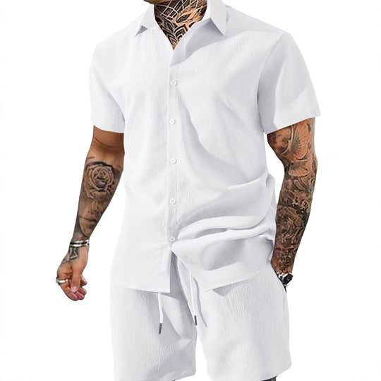 Herren nan Crinkle-Lounge-Set mit offenem Revershemd, integriertem Kurzarm-T-Shirt und Kordel-Bermuda Shopnory