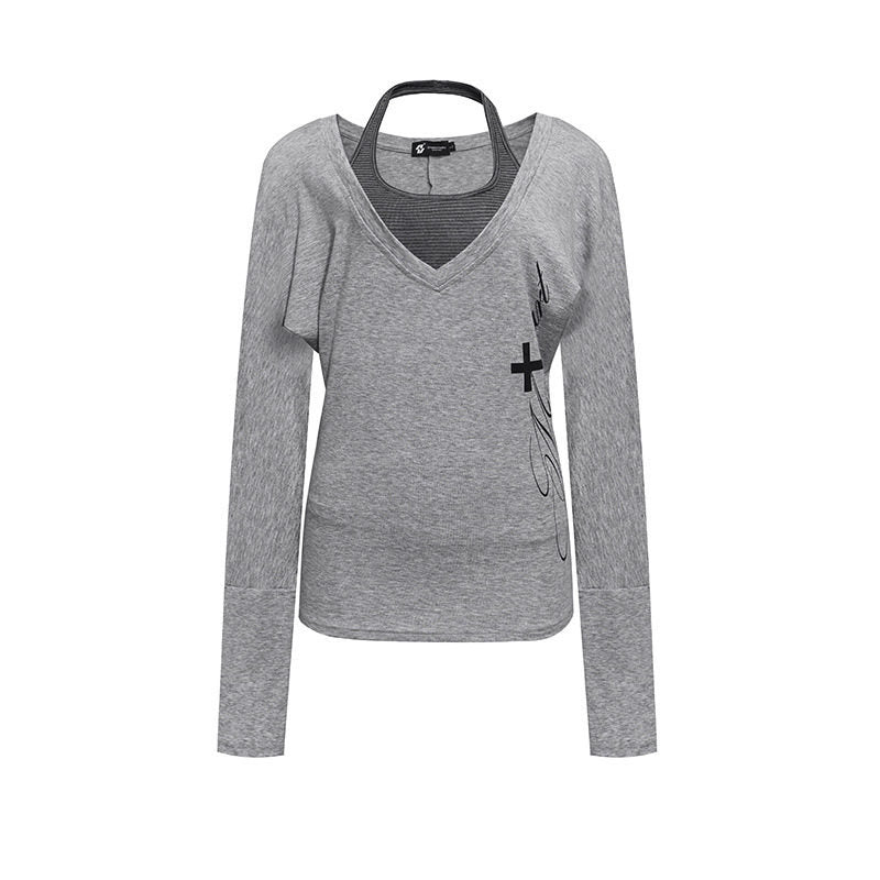 Damen Lagen-Langarmshirt mit tiefem V-Ausschnitt, Neckholder-Innenlayer und seitlichem Script-Print Shop Nory