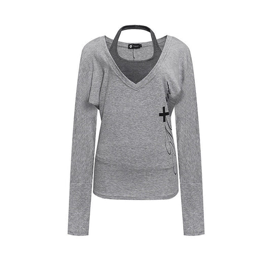 Damen Lagen-Langarmshirt mit tiefem V-Ausschnitt, Neckholder-Innenlayer und seitlichem Script-Print Shop Nory
