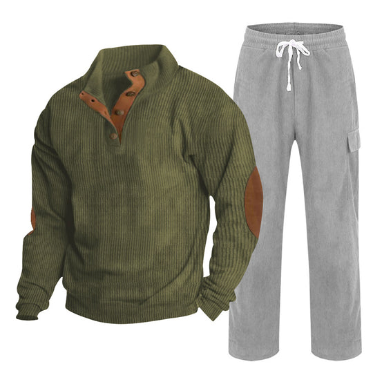 Herren Gemütliches Freizeit-Set aus Waffelstrick-Henley mit Ellenbogenpatch und Relax-Cargo-Hose Shop Nory