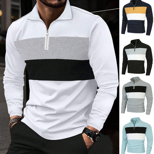 Herren Halbzip-Pullover mit Stehkragen, breitem Blockstreifen und fein gerippter Struktur Shop Nory