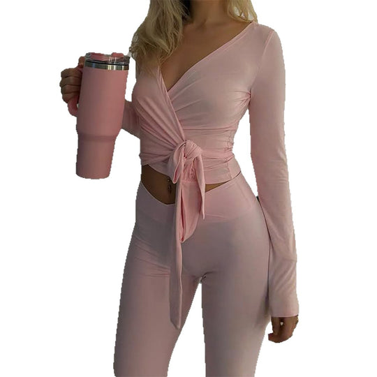 Damen nan Wickel-Crop-Top mit Knotenbund und Highwaist Bootcut-Leggings-Set Shop Nory