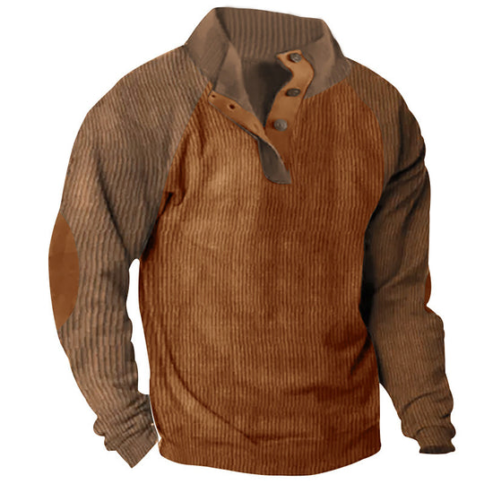 Herren Strukturiertes Raglan-Henley-Pullover mit Stehkragen, Ellenbogenpatches & Knopfleiste Shop Nory