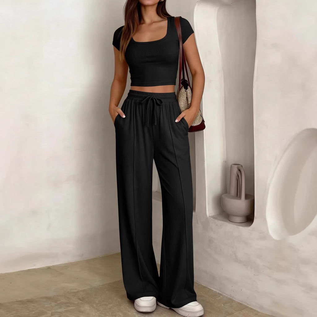 Damen lässiges Cropped-Top und weite Hose Set