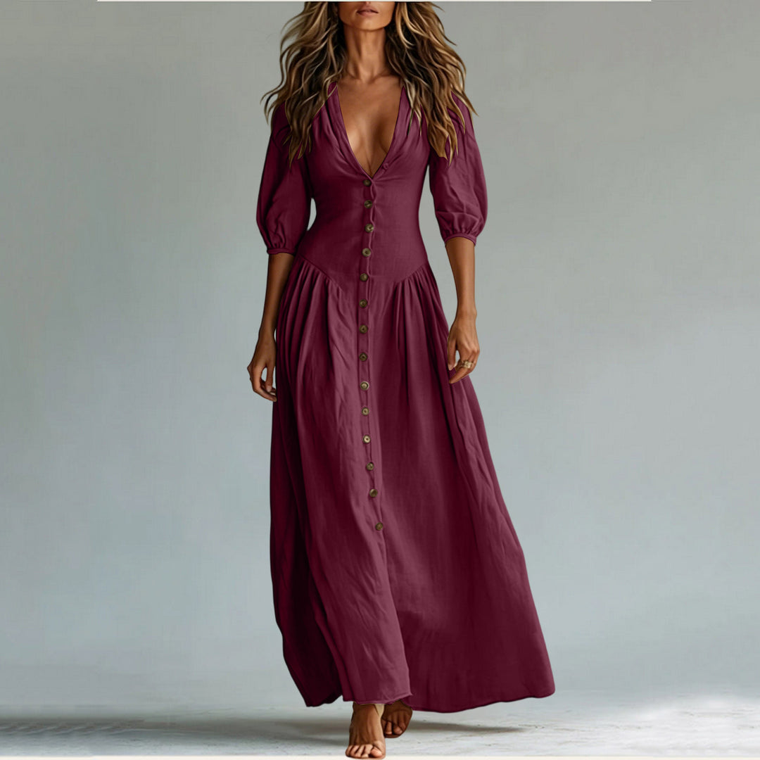 Damen Maxikleid mit tiefem V-Ausschnitt, durchgehender Knopfleiste und Ballonärmeln Shop Nory