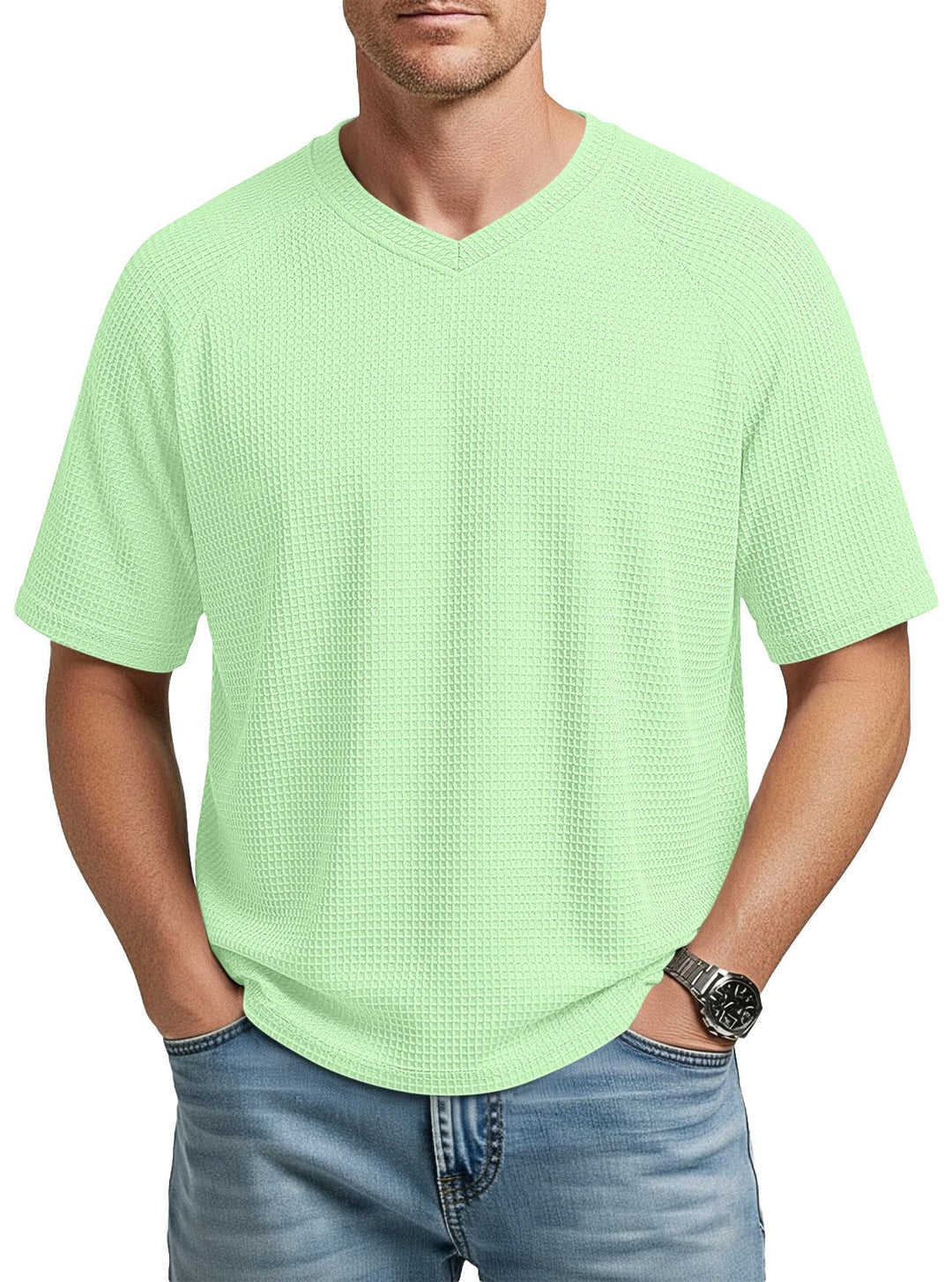 Herren nan lässiges V-Ausschnitt Waffelstrick-T-Shirt aus atmungsaktivem Baumwollmix