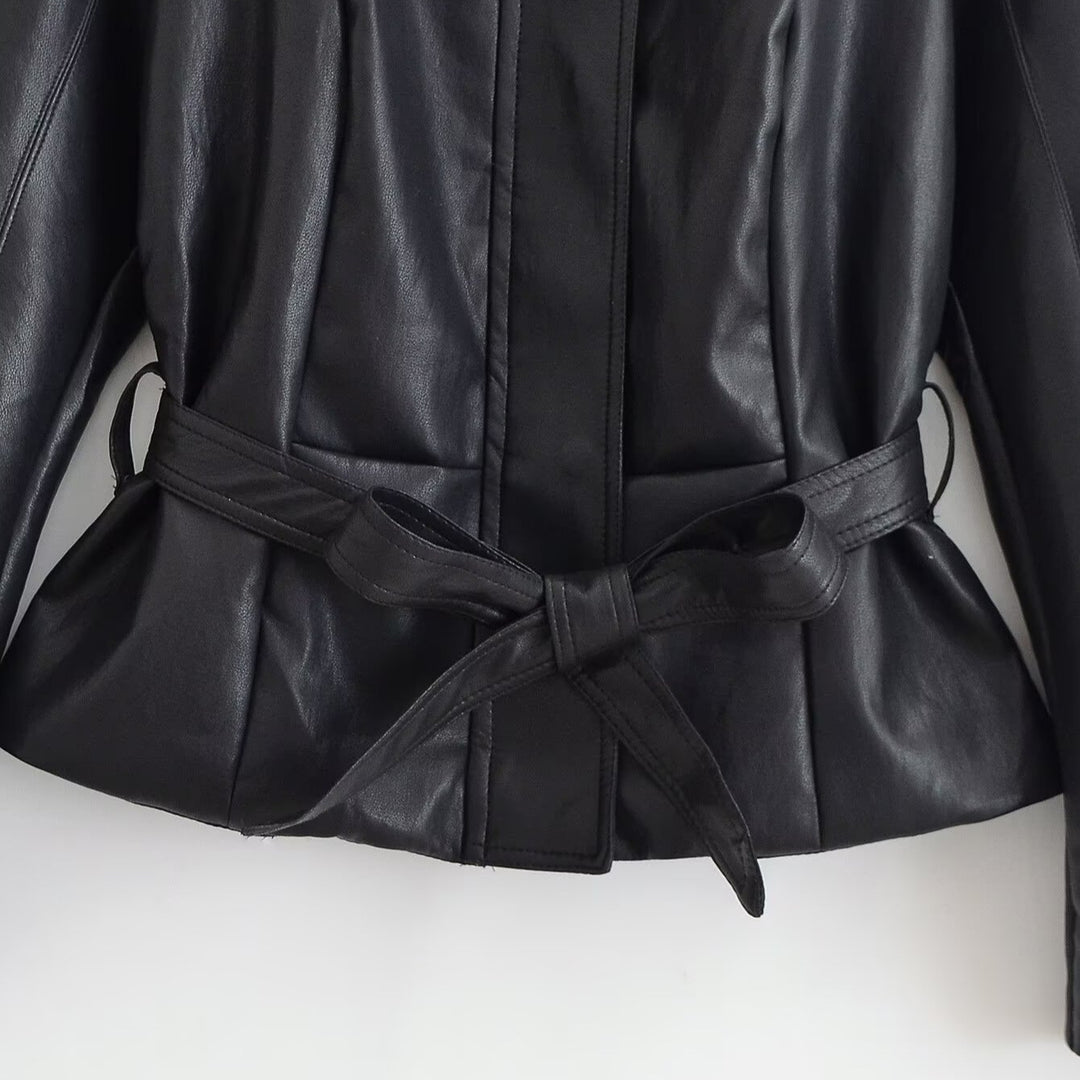 Damen Taillierte Lederoptik-Jacke mit Bindegürtel und Ballonärmeln Shop Nory
