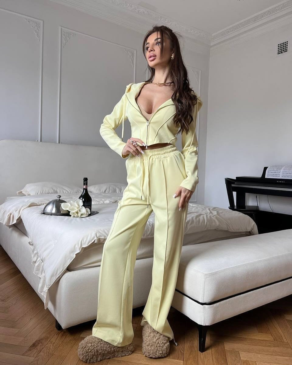 Damen tailliertes Cropped-Kapuzensweatshirt mit verdecktem Reißverschluss und High-Waist Wide-Leg Jogginghose Set Shop Nory
