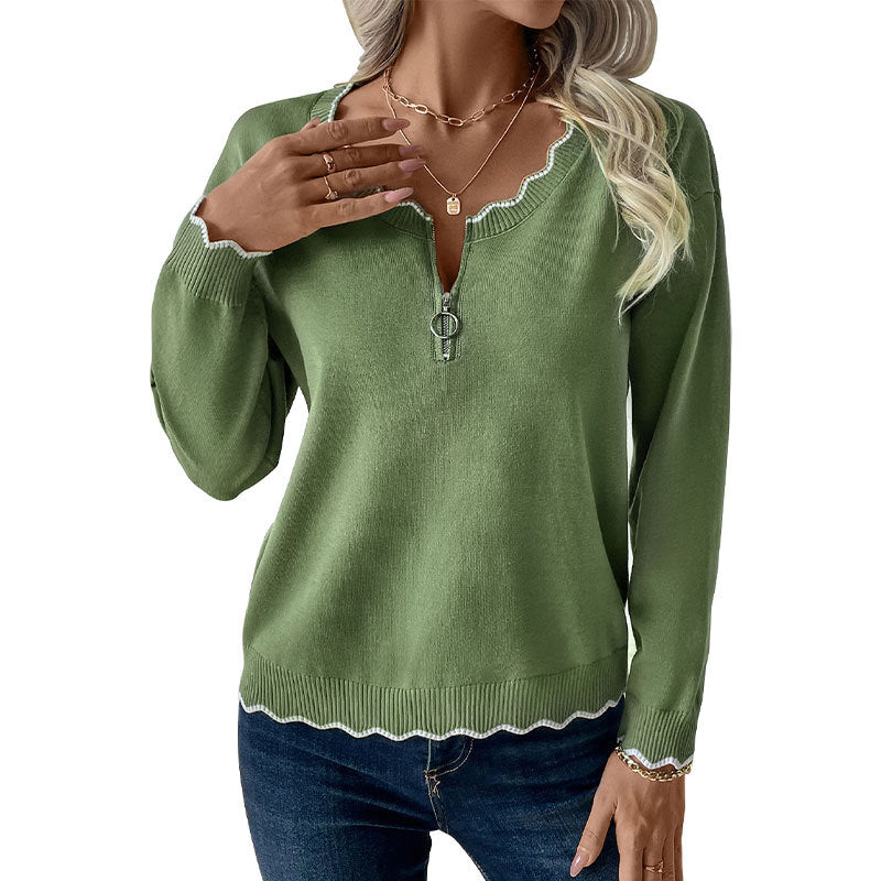 Damen Feinstrick-Pullover mit Reißverschluss-Kragen und gewellter Kontrastkante Shop Nory