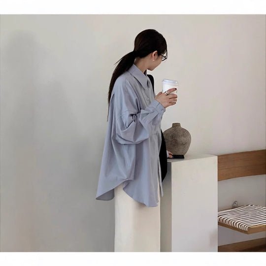 Damen Lockeres Oversize-Hemd mit Stehkragen, verlängertem Rückenteil und überschnittenen Ärmeln Shop Nory