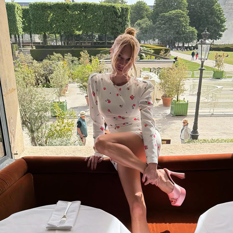 Damen Tailliertes Blumen-Minikleid mit Puffärmeln und Spitzenbesatz Shop Nory