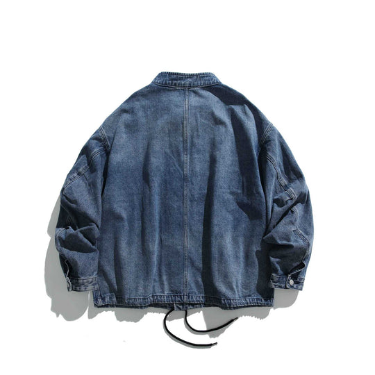 Unisex Kurz geschnittener Denim-Utility Blouson mit Stehkragen und Kordelzug Shop Nory