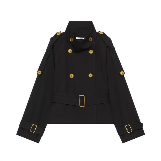 Damen Kurzer Doppelreiher-Trench mit Taillengürtel, Schulterklappen und goldfarbenen Details Shop Nory