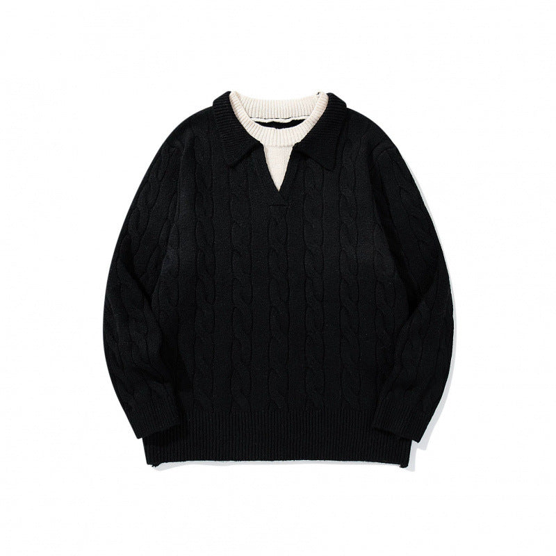 Herren Grobgestrickter Zopfmuster-Pullover mit Polokragen und V‑Ausschnitt Shop Nory