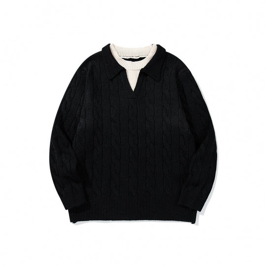 Herren Grobgestrickter Zopfmuster-Pullover mit Polokragen und V‑Ausschnitt Shop Nory