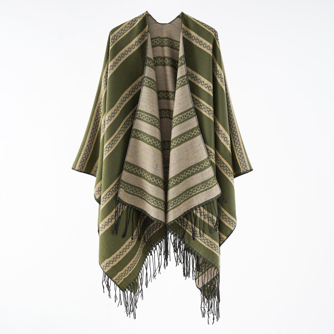 Damen Wollmix-Wickelponcho im Jacquardstreifen mit Fransen Shop Nory