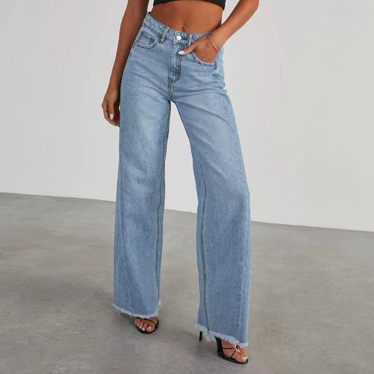 Damen Hochbund-Jeans mit weitem Bein und ausgefranstem Saum Shop Nory
