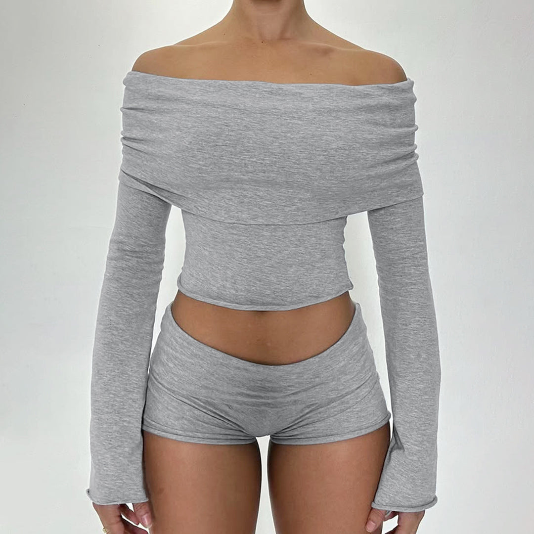 Damen nan Off-Shoulder Lounge-Set mit Langarm-Croptop und Highwaist-Shorts aus Stretchjersey Shop Nory