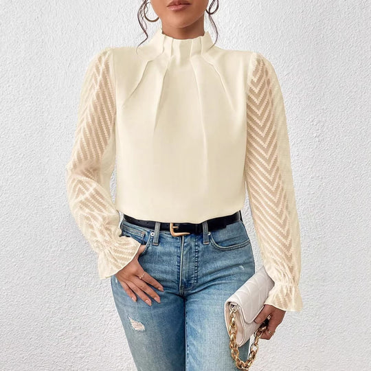 Damen Taillierte Chiffonbluse mit Stehkragen und transparenten Chevron-Ärmeln Shop Nory