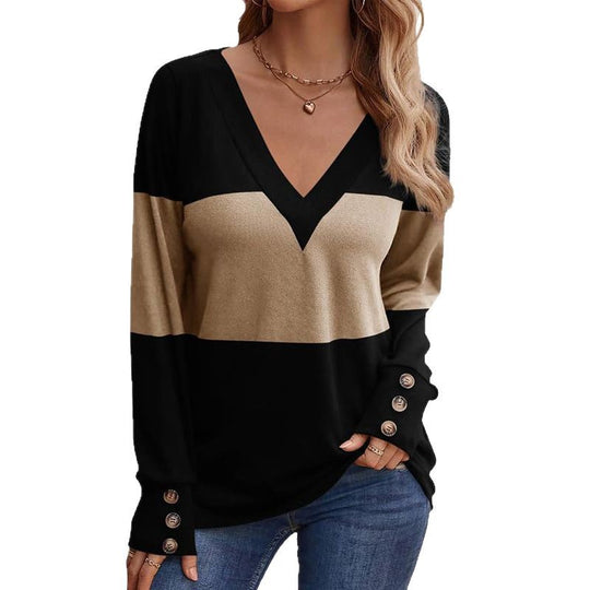 Damen Feinstrick-Pullover mit V‑Ausschnitt, Colorblock und Zierknopf‑Manschetten Shop Nory