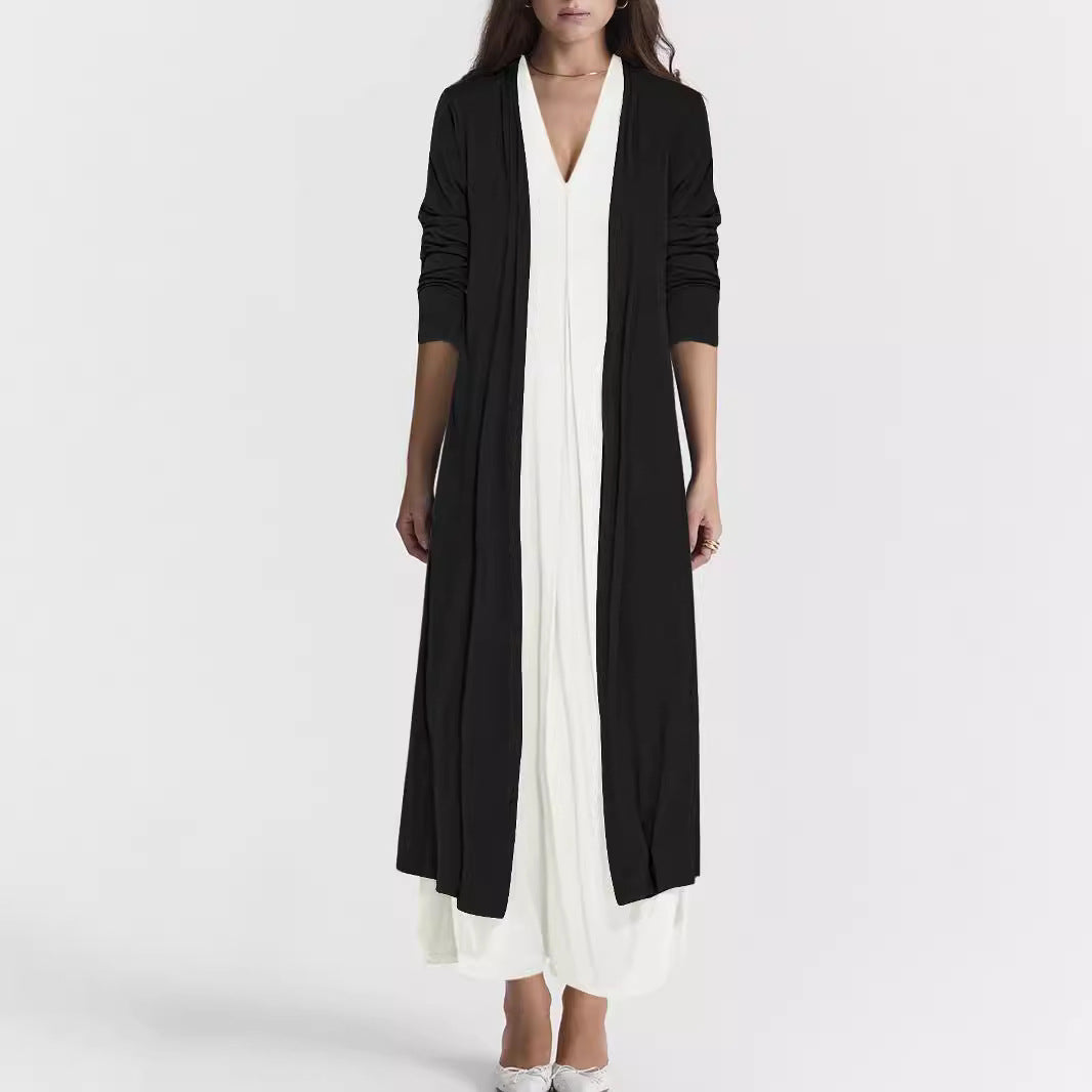 Damen Langer Offener Jersey-Cardigan mit Eingrifftaschen und fließender Drapierung Shop Nory