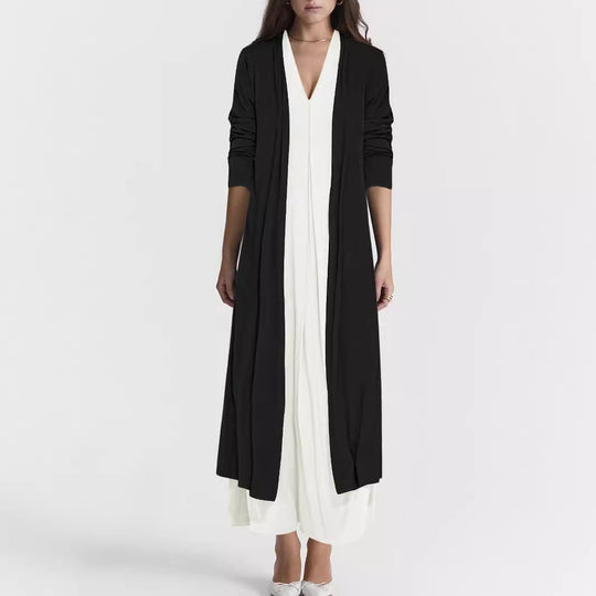 Damen Langer Offener Jersey-Cardigan mit Eingrifftaschen und fließender Drapierung Shop Nory