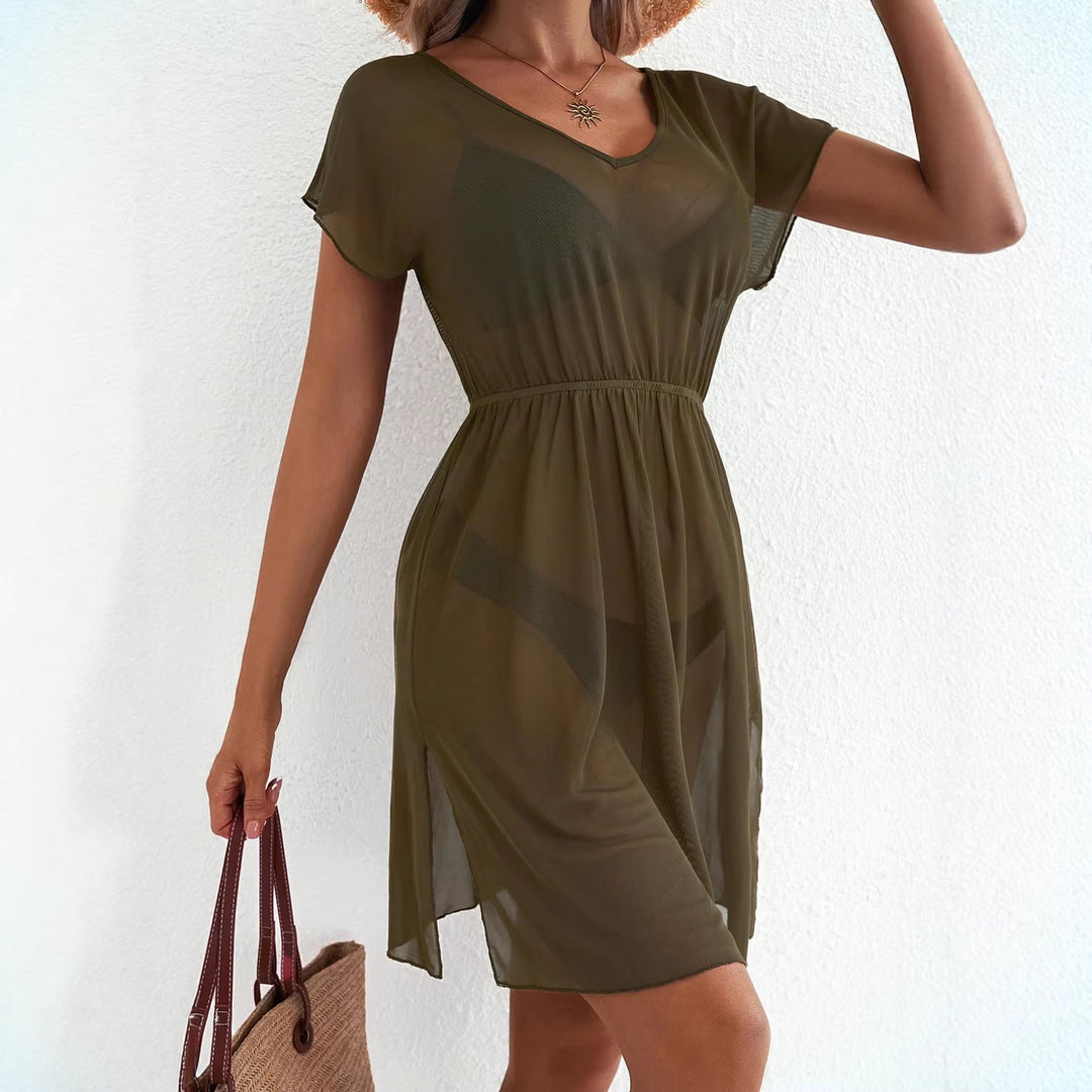 Damen Sommerkleid mit V-Ausschnitt, elastischer Taillenlinie und allover Blätterprint Shop Nory