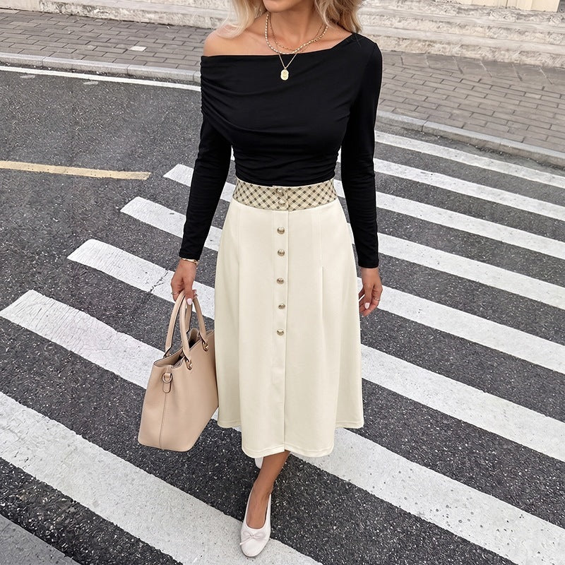 Damen Elegante Off-Shoulder Bluse und Midi-Rock Set Shop Nory