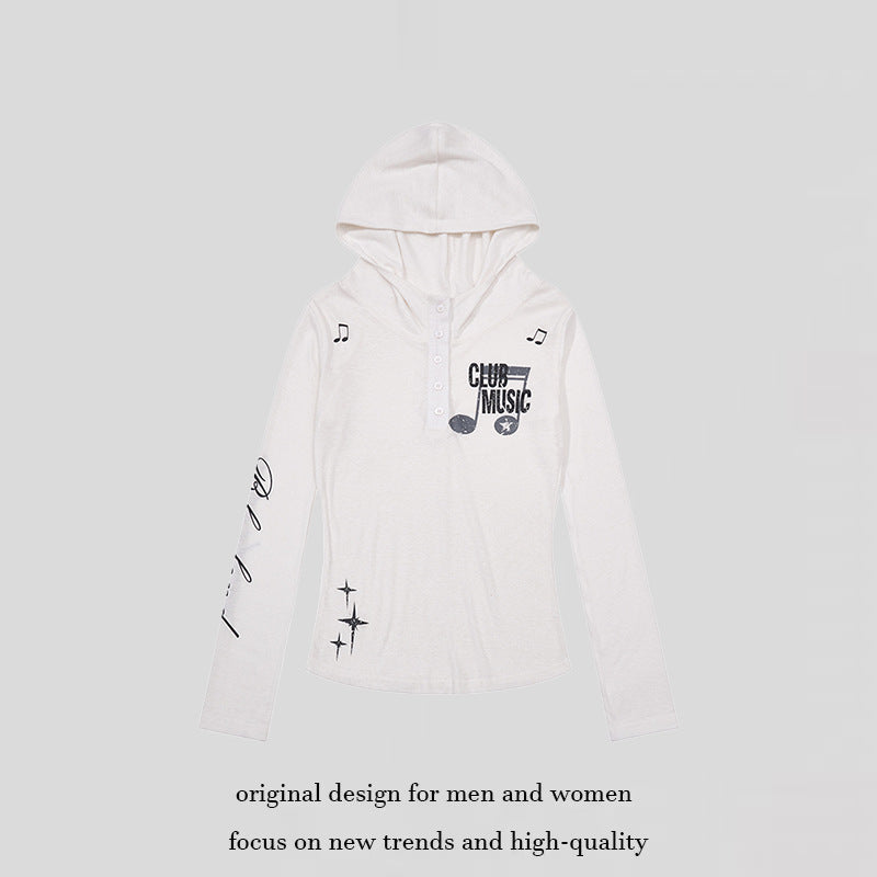 Damen Leichtes Langarm-Hoodie-Henleyshirt mit Knopfleiste, Kapuze und Music-Print Shop Nory