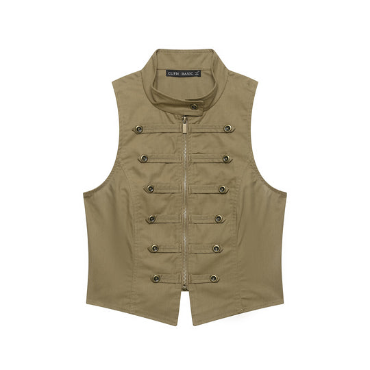 Damen Taillierte Canvas-Weste mit Frontreißverschluss und dekorativen Zierknopfleisten Shop Nory